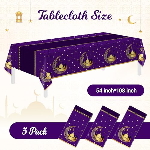 Image of Childom 3 Pack Ramadan Table Cloth,Ramadan Decorations for Home,54 inch x 108 inch Eid Mubarak Decorations,Eid Ramadan Tablecloth Rectangular,Purple Plastic Table Cloth Disposable Table Cover for Party Favors