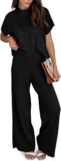 Imily Bela Women's 2 Piece Outfits Sweater Knit Sets Mock Neck Short Sleeve Tops Wide Leg Pants Casual Tracksuit