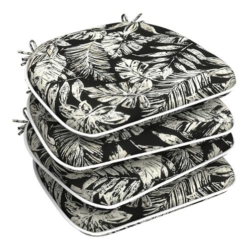 LVTXIII Outdoor Chair Cushions for Patio Furniture Set of 4, Water Repellent Patio Chair Cushions 17"x16" with Ties, U-Shaped Dining Chair Pads for Garden Kitchen Use, Tropical Leaf Black