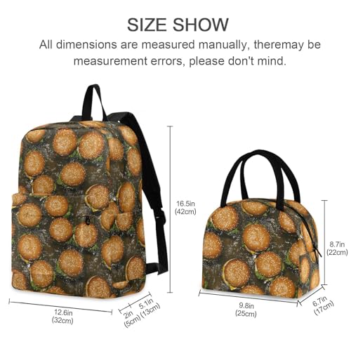 Hamburgers Print Backpack Set with Lunch Bag, Large Capacity Travel Backpacks and Lunch Box Insulated for Commute Hiking Picnic2