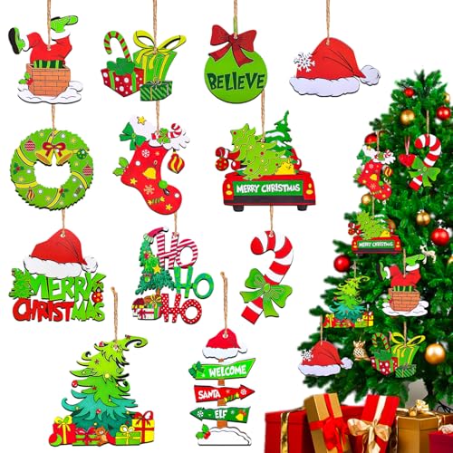 12 Piece Christmas Tree Decorations Set, Wooden Christmas Ornaments Bulk, Small Hanging Holiday Decorations, Indoor Xmas Decor, Classic Cute Green Ornament