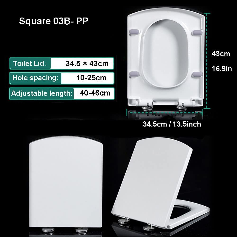 Square Toilet Seats White, Soft Close Toilet Seat with Quick Release, Simple Top Fixing, Adjustable Stainless Hinges, Square Toilet Lid Loo Seat,03F(03B)