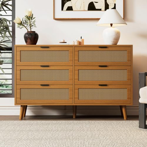 Merax Buffet - Élégante commode rétro avec tiroirs en rotin et pieds en bois massif, 120 cm, noyer, beaucoup d'espace de stockage, idéal comme armoire de...
