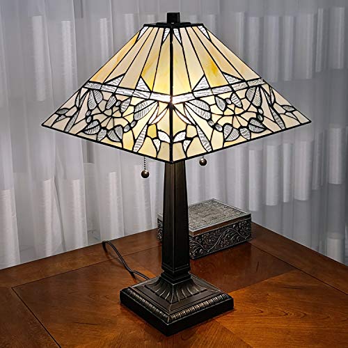 Amora Lighting Tiffany Style Table Lamp Banker Mission 22″ Tall Stained Glass Frost Ivory Light