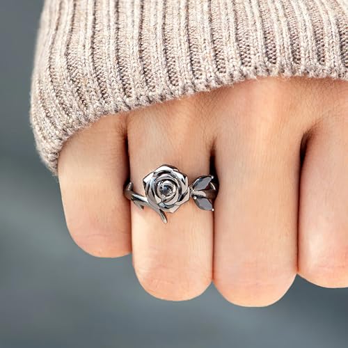 Rose Flower Ring for Women, 925 Sterling Sliver Elegant Flower Rose Black CZ Leaf Twig Rings Promise Ring for Mother 14K Gold Plated Love All Parts Of Myself Wedding Birthday Jewelry Gift3