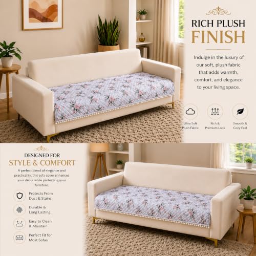 Image of Homerz Premium Printed Quilted Velvet Sofa Slip Cover Protector with Tassels, Sofa Mat, Exact Size, Antislip Cover (Grey Autumn, 5 (3+1+1) Seater, Half)