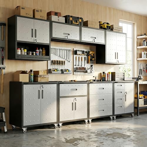 Image of 8-Piece Heavy Duty Steel Garage Cabinet System | All-in-One Modular Garage Cabinet Set for Ultimate Workshop Organization | Easy Assembly Garage Storage Cabinets & Tool Bench (Black)
