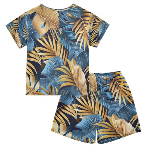 senya Short Sleeve Pajamas Sets Summer Cotton Sleepwear Golden Blue Leaves2
