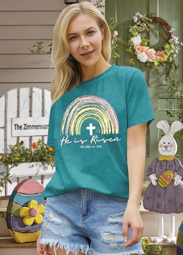 Image of Ithalt Easter Shirts for Women He is Risen Tshirt Easter Christian T-Shirt Jesus Lover Short Sleeve Tops