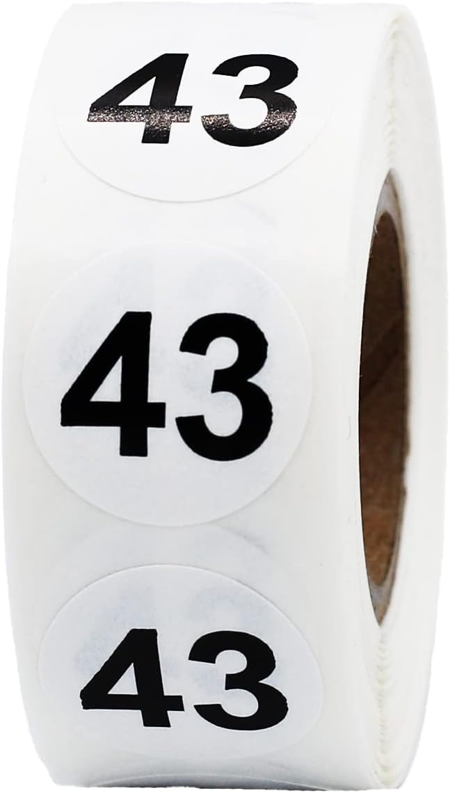 White with Black Number 43 Circle Dot Stickers, 3/4 Inch Round, 500 Labels on a Roll for Organization and Inventory - Semi-Gloss Finish - Made in The USA