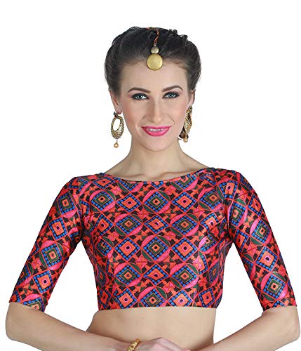 Boat Neck Readymade Stitched Printed Saree Blouse Poly Silk Fabric Indian Sari Choli Tunic Wedding Top Women (Small-32)