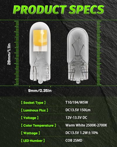 Alopee 10 Pack 194 Bulb Warm White LED 2700K Replacement for 168 194 W5W T10 Led Bulb RV Car Interior Lighting DC 12V Only