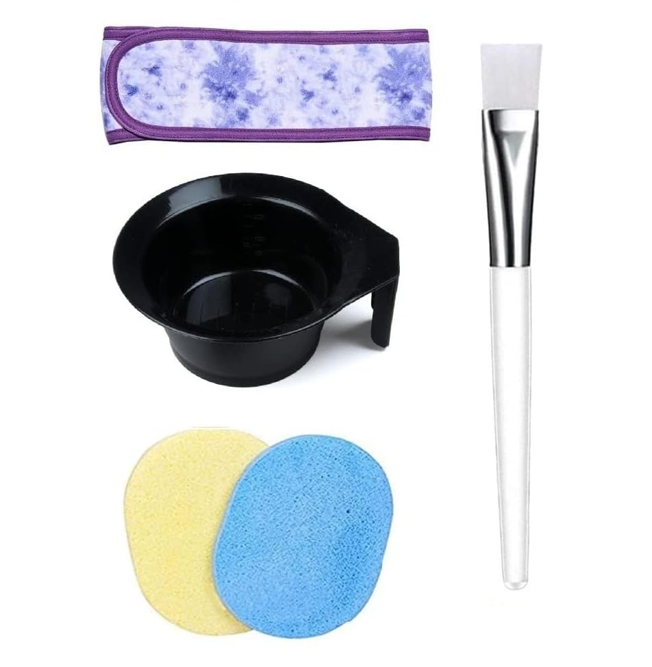 Women Face Pack Brush with Bowl, 2 Face Cleaning Sponge and Facial Headband | Beauty Salon Spa Professional Styling Facial Applicator Bowl with Handle | Facial Bowl, Puff & Brush combo 5pcs