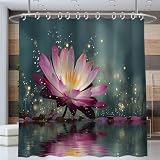 ANALTIRCE Wasserdichter Duschvorhang Polyester mit Zen Blumen Rosa Lotus Wasseroberfläche, Badewanne Badezimmer Vorhang 180x180cm, Waschbar Leicht zu Reinigen, Graublau Duschvorhänge mit 12 Haken