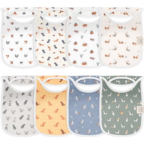 Image of 8-Pack Baby Bibs for Boys, Girls - Pullover Bibs for Drooling Teething Baby Girl & Boy Toddler, Newborn, Soft & Absorbent, Cute Colors, Large Torso Coverage Keep Infant Clean & Dry (Pets & Paws)