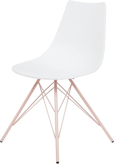 FUSIONWELL Plastic Dining Chair - Plastic Seat with Metal Legs Base for Dining Kitchen Living Lounge Office Room (White seat with Pink legs)
