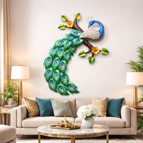 Image of Framing Hub - Metal Big Hand Painted Peacock Wall Art Decor | Decorative Wall Sculpture for Living Room Bedroom Drawing Room Office (Size 30x22 Inch)