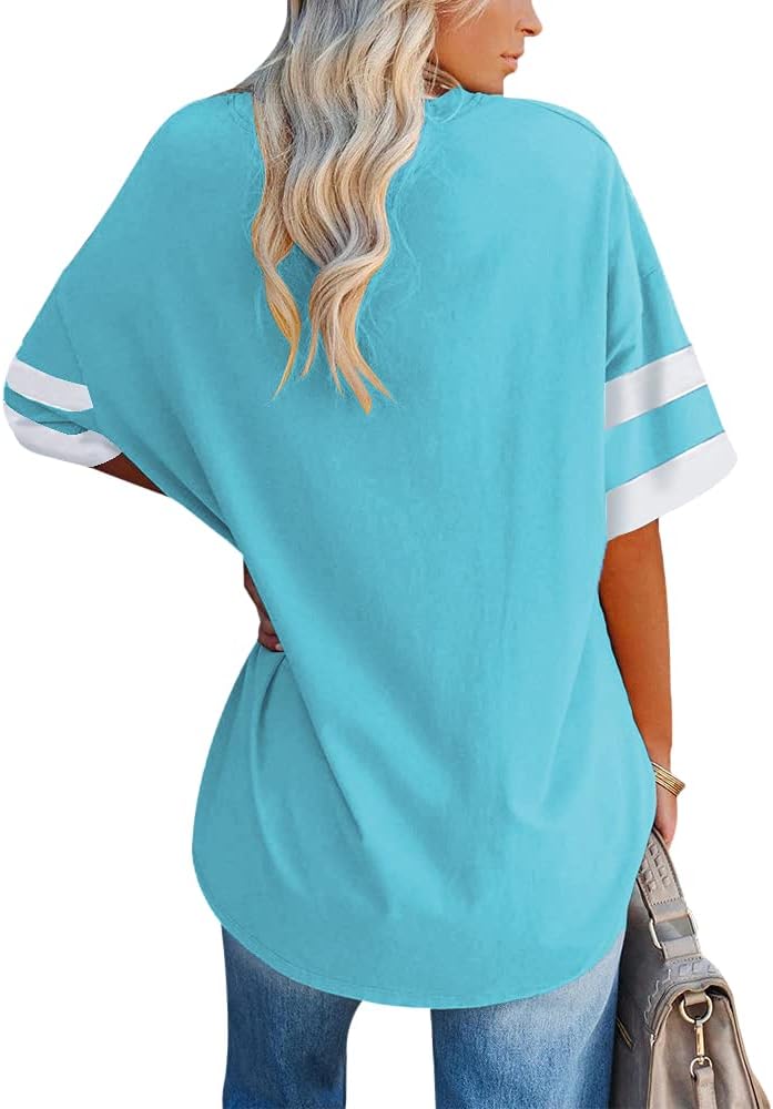 Fisoew Womens Oversized Tees Loose T Shirts Half Sleeve Crew Neck Color Block Cotton Tunic Tops - Image 2