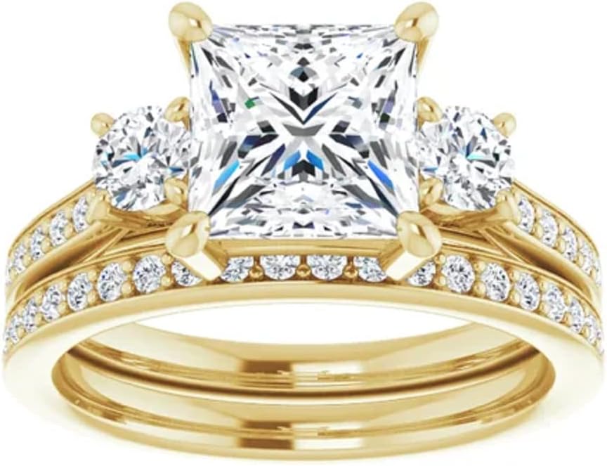 10K Solid Yellow Gold Handmade Engagement Rings 1 CT Princess Cut Moissanite Diamond Solitaire Wedding/Bridal Ring Set for Women/Her Propose Ring