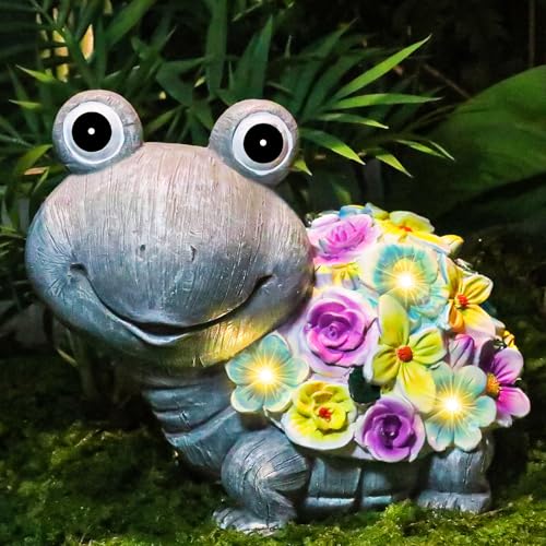 YANFLERENT Outdoor Solar Flower Turtle Statue for Garden Décor, Waterproof Outside Tortoise Figurines Decor with Lights, Suitable for Yard, Lawn, Patio, Balcony - Grandma Mom Women Daughter Gift