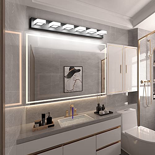 Image of Ralbay Modern Matte Black Bathroom Vanity Light Fixtures 6 Lights Acrylic Modern LED Black Vanity Lights for Bathroom (4500K Neutral White Light)