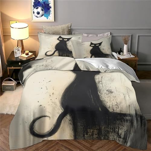 Parure de lit chat noir 140x200 avec housse de couette en microfibre