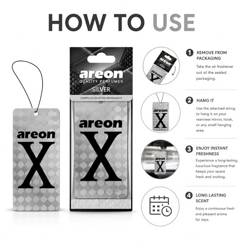 Image of AREON X Silver Hanging Car Air Freshener - Long Lasting Fragrance for Cars - Stylish Interior Scent Freshener - Odor Neutralizing Air Freshener - Premium Auto Accessory for Daily Use (Pack of 3)