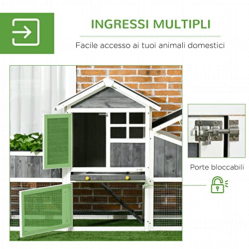 PawHut Pollaio Prefabbricato in Legno con Area Aperta, Pollaio per Galline da Esterno, Casetta per Galline e Nido per la Cova, Aiuola e Tetto in Asfalto, Grigio - immagine 5