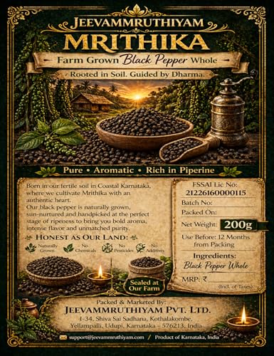 Image of Black Pepper Whole (Kali Mirch Sabut) - MRITHIKA Farm Grown Peppercorns | No Pesticides | Coastal Karnataka Origin | Fresh & Aromatic (200gm)