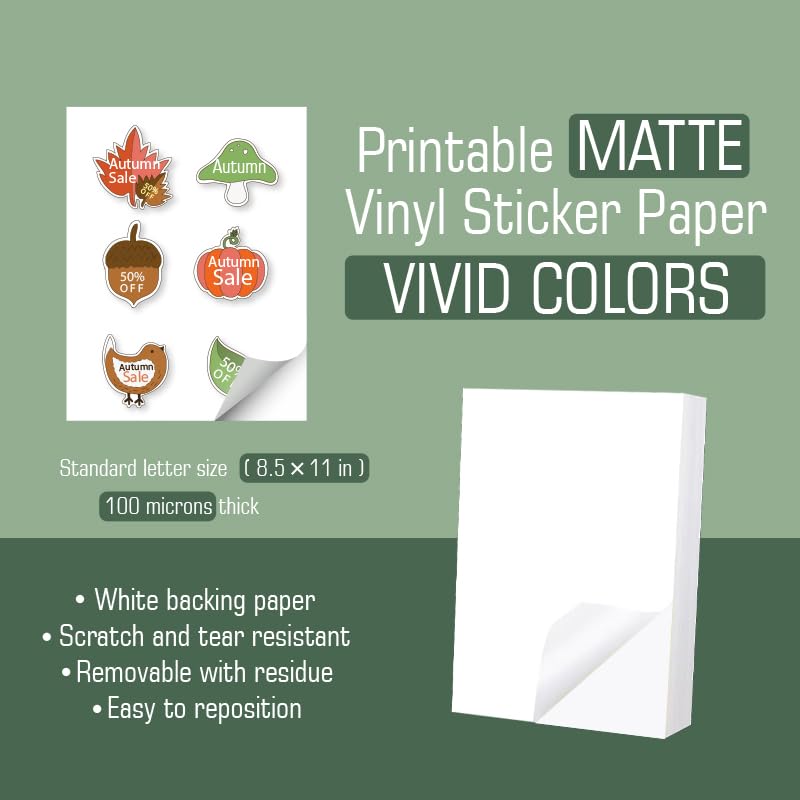 ProLine Papel adhesivo de vinilo imprimible para impresora de inyección de tinta, blanco mate, hojas autoadhesivas, papel adhesivo impermeable, tamaño carta estándar de 8.5 x 11 pulgadas (200)