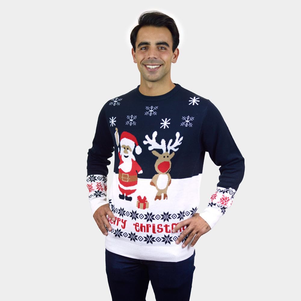 Jersey Navideño para Mujer, Hombre y Niños Azul Papá Noel y Reno Rudolph