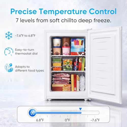 Image of TABU 3.0 Cu Ft Upright Freezer, Mini Freezer with 7 Adjustable Temp, White | Freestanding, Energy Saving, Space Saving, Low Noise, Compact Freezer with Removable Shelves