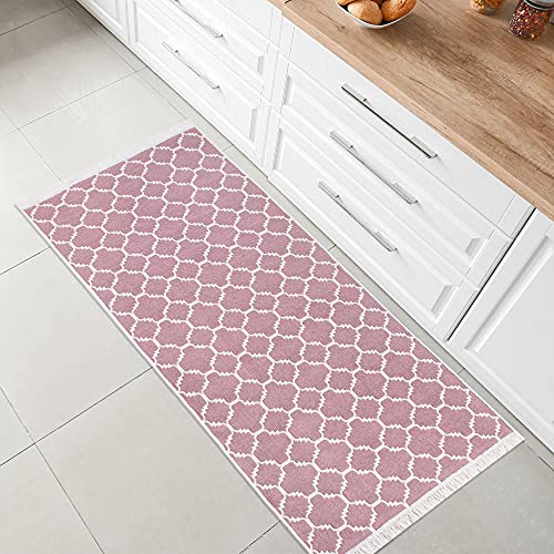 Fashion4Home Teppich Kurzflor - Boho Kelim Teppich, Wohnzimmerteppich, Schlafzimmer und Küchenteppich, Teppich Läufer, Flur Teppich, Kinderzimmerteppich Morocco-Altrosa-Weiß, Grüße: 60x90 cm