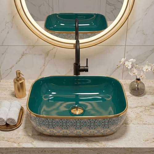 Image of BASSINO 18x13x5.5 Inches Table Top Washbasin /1 Year Warranty /Ceramic Wash Basin for Bathroom /Rectangle Counter Top Wash Basin for Dining Hall /Living Room /Tabletop Sink(Glossy Green & Gold)