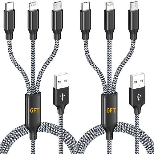 AICHUA 3 in 1 Multi Charging Cable 6ft, 2 Pack Nylon Braided Charger Cord with Lightning, USB C and Micro USB Connectors, Universal Phone Charging Cable for iPhone and Android Devices