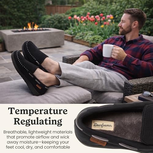 Image of Dearfoams Men's Keaton Moccasin House Shoes With Memory Foam, Indoor Slippers With Wide Widths