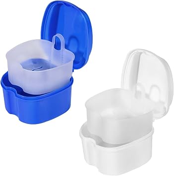 KISEER 2 Pack Colors Denture Bath Case Cup Box Holder Storage Soak Container with Strainer Basket for Travel Cleaning White and Blue