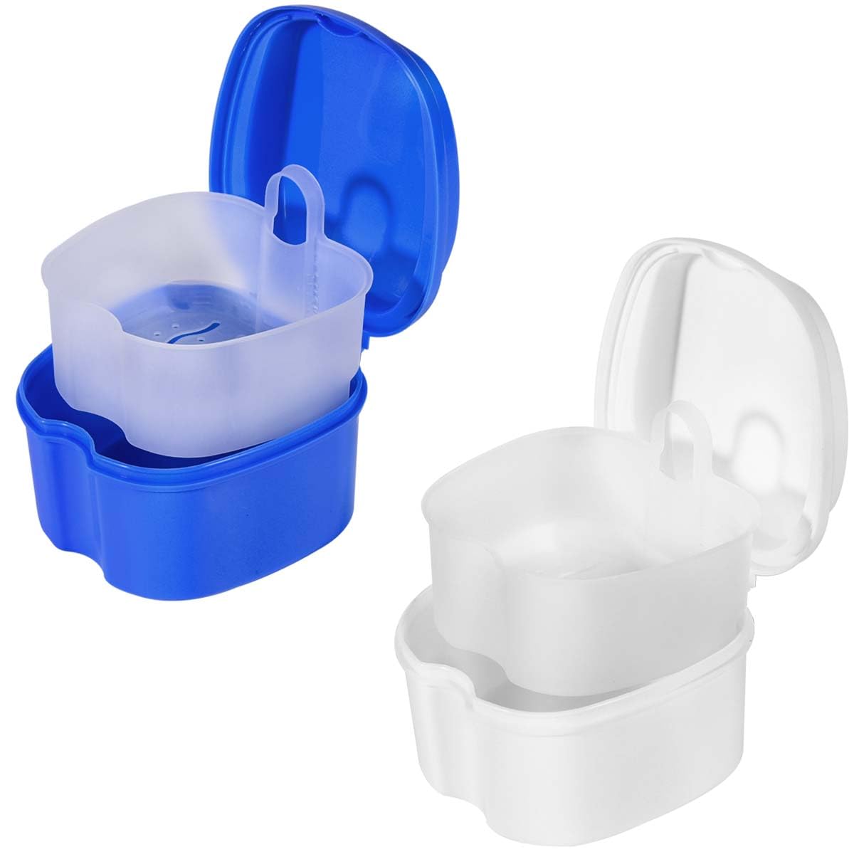 KISEER 2 Pack Colors Denture Bath Case Cup Box Holder Storage Soak Container with Strainer Basket for Travel Cleaning (White, Blue)-image-32