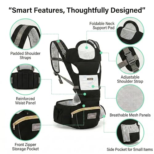 6-in-1 Ergonomic Baby Carrier with Detachable Hip Seat & Head Support, Adjustable Waist Fits 29-42 inches & Shoulder Straps, M-Shape Toddler Carrier with Big Storage Pocket for Newborn to Toddler