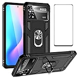 WVOZWWO for Xiaomi Poco X4 Pro 5G Case with Screen Protector,Slim Fit Military Protection Shockproof Armor Defender Protective Back Cover Phone Case for Poco X4 Pro 5G with Ring Kickstand (Black)