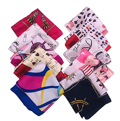 10PCS Women's Silky Scarf Square Mixed Pattern & Colors Fashion Accessory Set Neckerchief Scarf Headband Waistband Headwear Hairband Hair Decoration Accessories (Mixed Color Random)