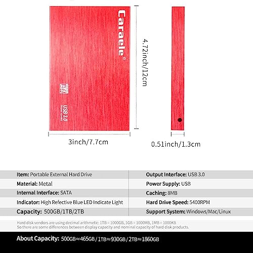Image of Red Ultra Slim 2.5in USB3.0 Hard Drive HDD Capacity Disk for PC Laptop 500GB