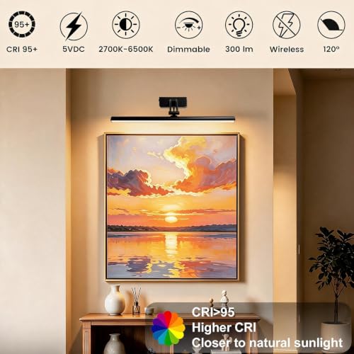 Yuichoy 2 Pack Picture Lights for Wall Battery Operated, 16 inch Wireless Art Lighting for Painting, 6 Colors Picture Frame Lights with Remote, Dimmable 5200mAh Gallery Light, Black