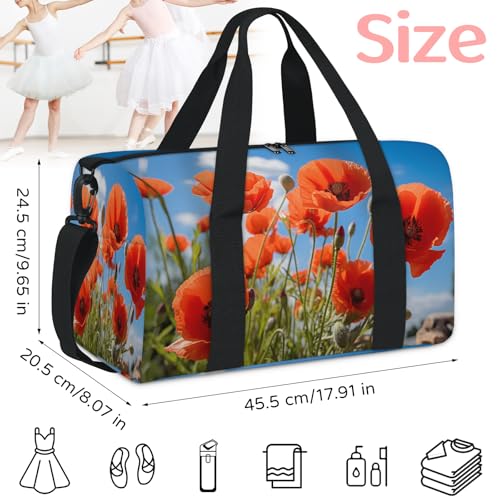 Red Poppy Pattern Sports Duffle Bag for Women Men Waterproof Overnight Weekender Bag with Adjustable Strap Travel Tote Bags for Beach Yoga Work Dance Swim2