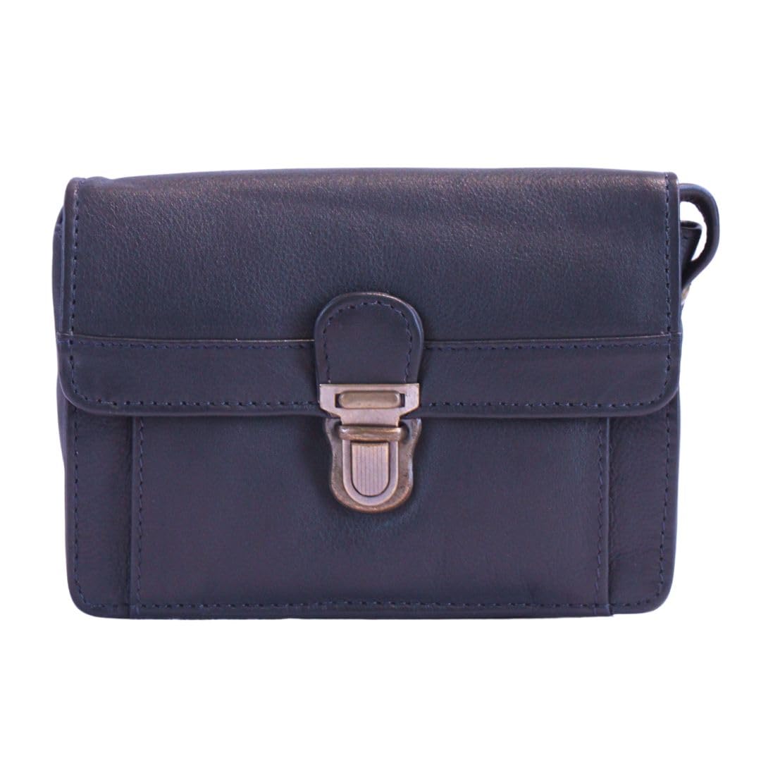 Luigi Genuine Leather Cross-Body Bag – Snap Buckle Closure, Stitched Pattern, Zipper Pocket, Extra Storage(Navy)