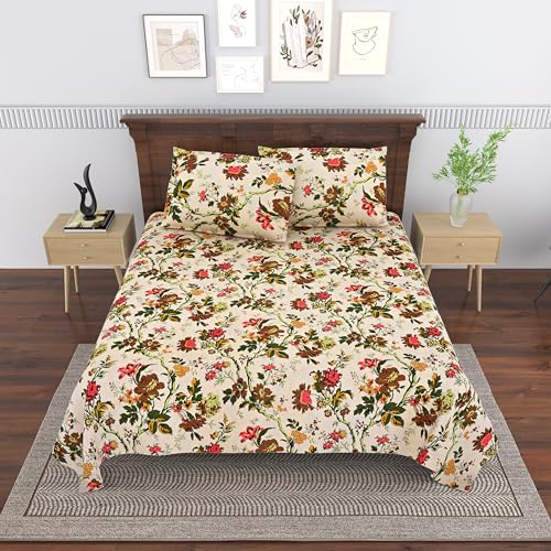 Image of Mafatlal Saanjh 144 TC Cotton Double Bed Sheet Summer Collection 95x108 Inch | Floral Pattern Finish | Airy Comfortable Weave | Hand Crafted |Pillowcase Included | Beige Premium Bedding Essential