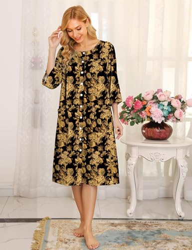 Image of Bloggerlove House Dress Women Cotton Snap Front Nightgown 3 /4 Sleeve Housecoat Duster Robe with Pockets Moomoo Patio Dress