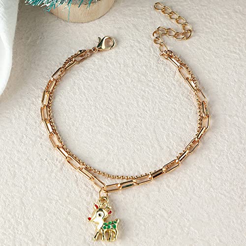 Image of WLLAY Dainty Gold-Tone Layered Paperclip Link Chain Bracelets Snowflake /Deer /Snowman /Wreath Bracelet Christmas Ornament Accessories