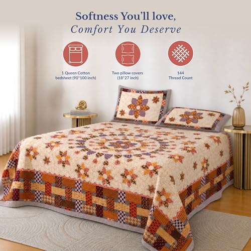 Image of Jaipur Weaves Jaipuri Double Bed Cotton Bedsheet Queen Size 90x100, 144 TC 100% Pure Cotton Bed Sheet with 2 Pillow Covers, Royal Mandala Traditional Print (Mandala Orange)