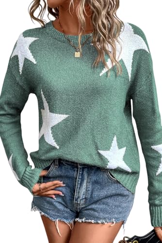 Womens Oversized Fall Sweaters Khaki Star Pattern Drop Shoulder Sweater
